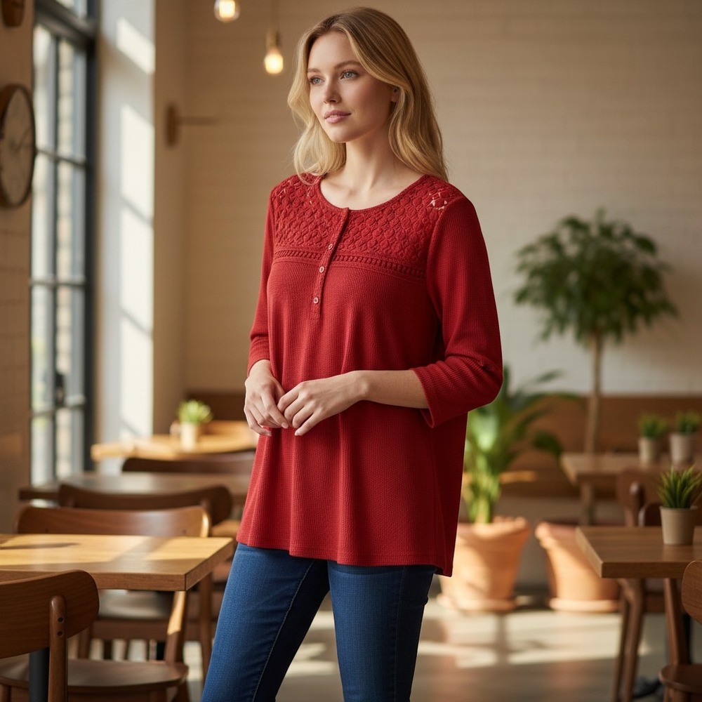 Ofeefan Red Waffle Knit Lace Yoke Classic Crew Neckline 3/4 Sleeve Top L NWT